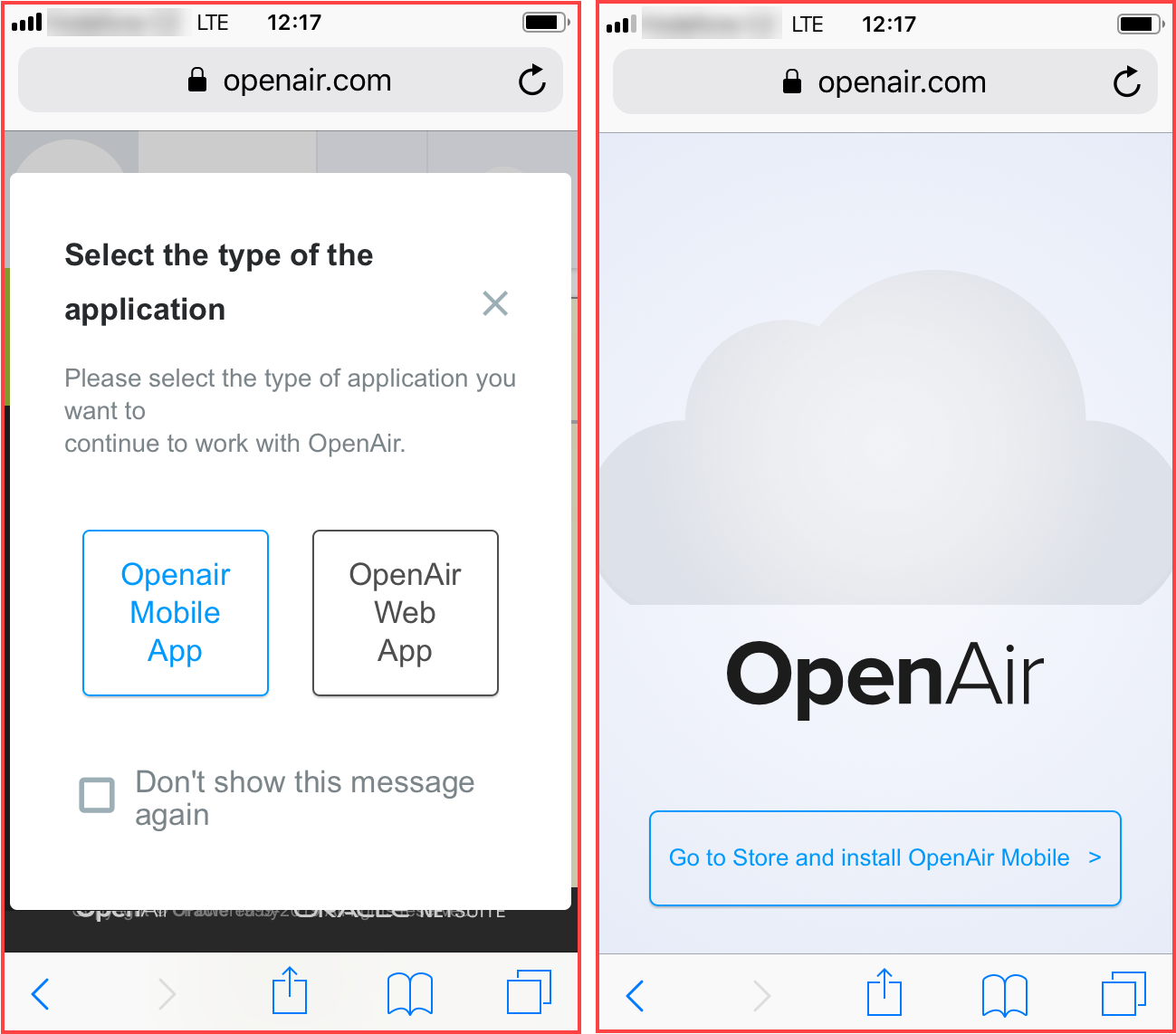 Prompts inviting users to switch to and to download OpenAir Mobile