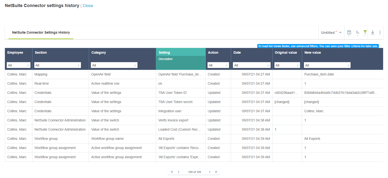 OpenAir NetSuite Connector settings history list view.