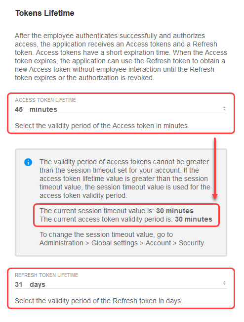 Tokens Lifetime selection on the application configuration page.