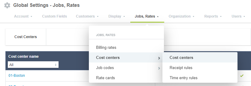 Tab navigation in the OpenAir Administration module.