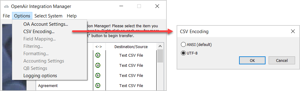 CSV export character encoding setting in OpenAIr Inegration Manager with new UTF-8 support.