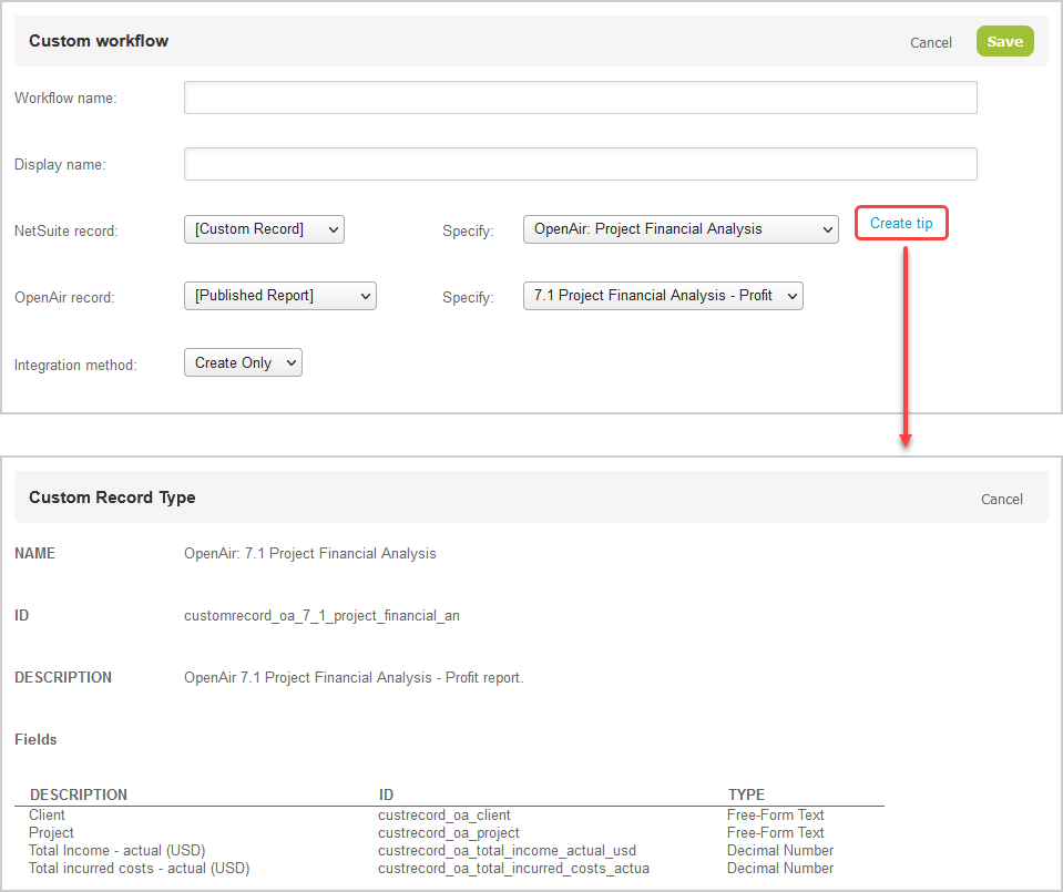 Custom workflow settings form and in-screen tips for setting up report custom exports on the NetSuite side.