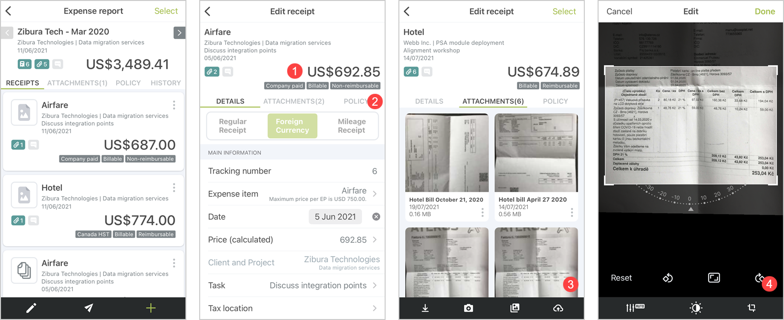 Expense report screen, Receipt screen, Attachments tab and image editing screens in OpenAir Mobile.