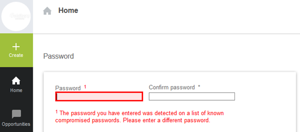 Password page showing a known compromised password error message.