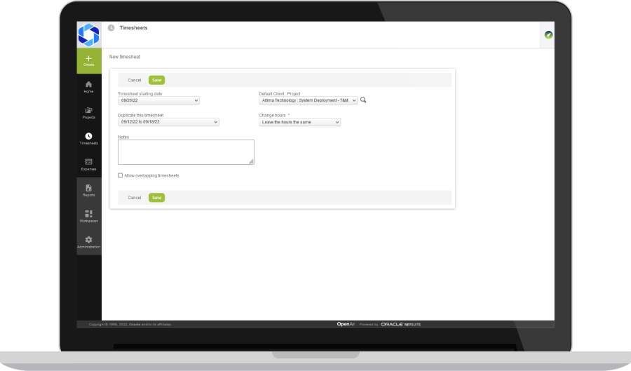 Timesheet Setup dashboard